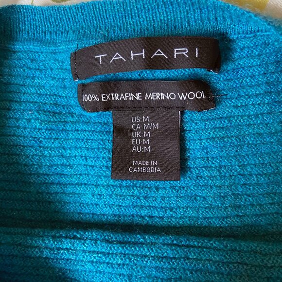 Tahari Deep Turquoise Ribbed Extra Fine Merino Wool Medium Three-Quarter Sleeve - Picture 7 of 10